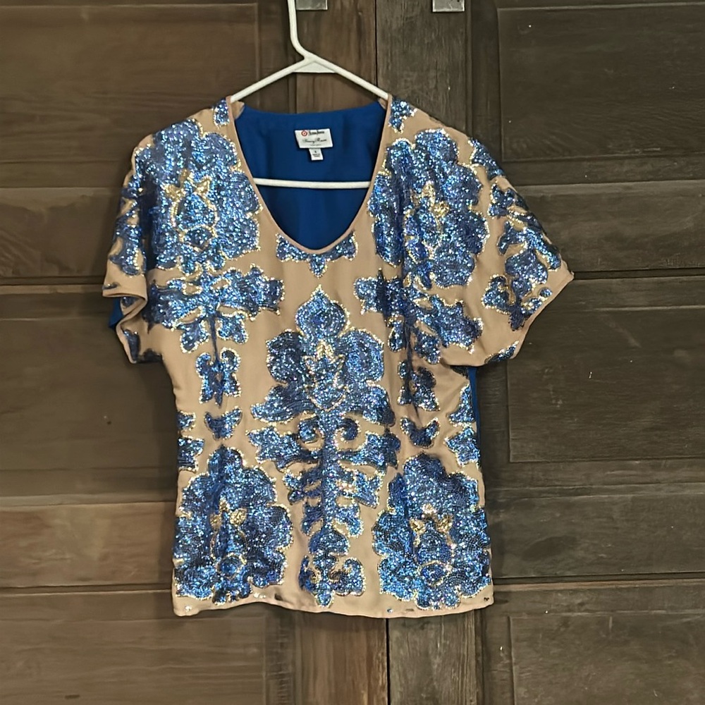Neiman Marcus For Target Tracy Reese Brown Blue Sequined Lined Shirt Size Small
